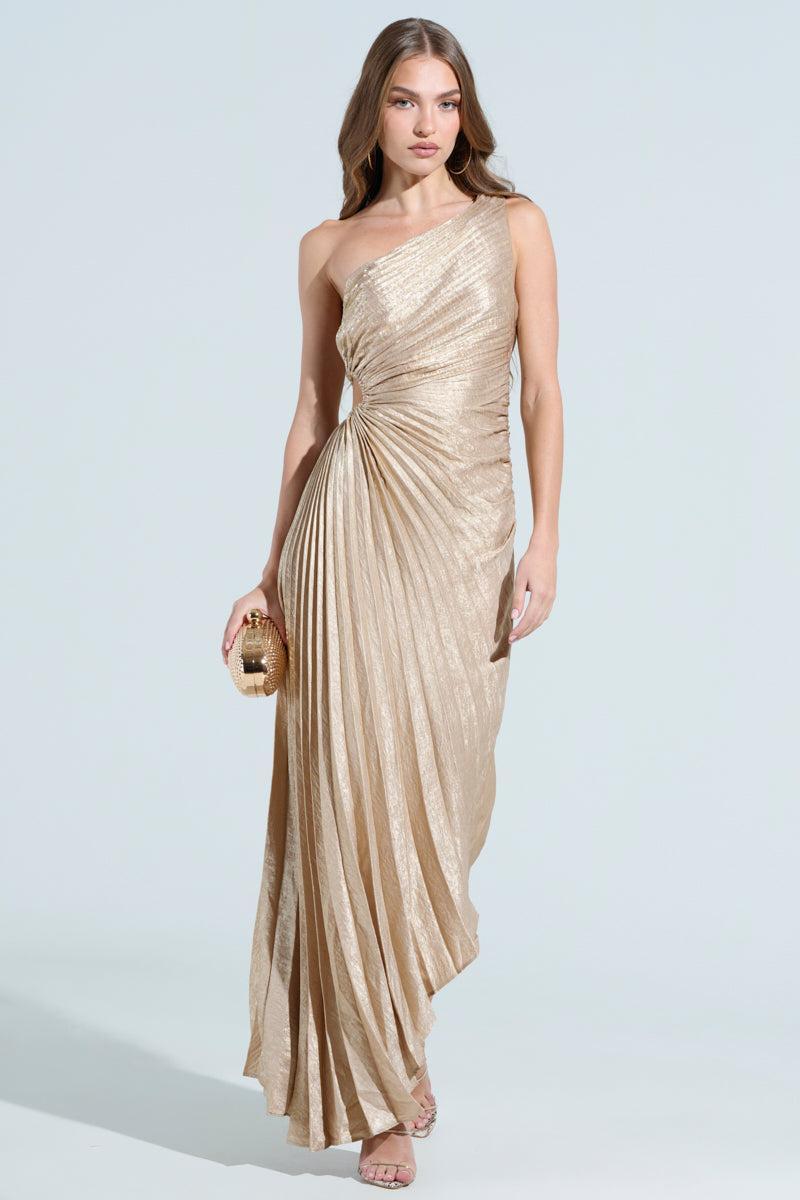 JULIETTE METALLIC PLEATED MIDI DRESS Product Image