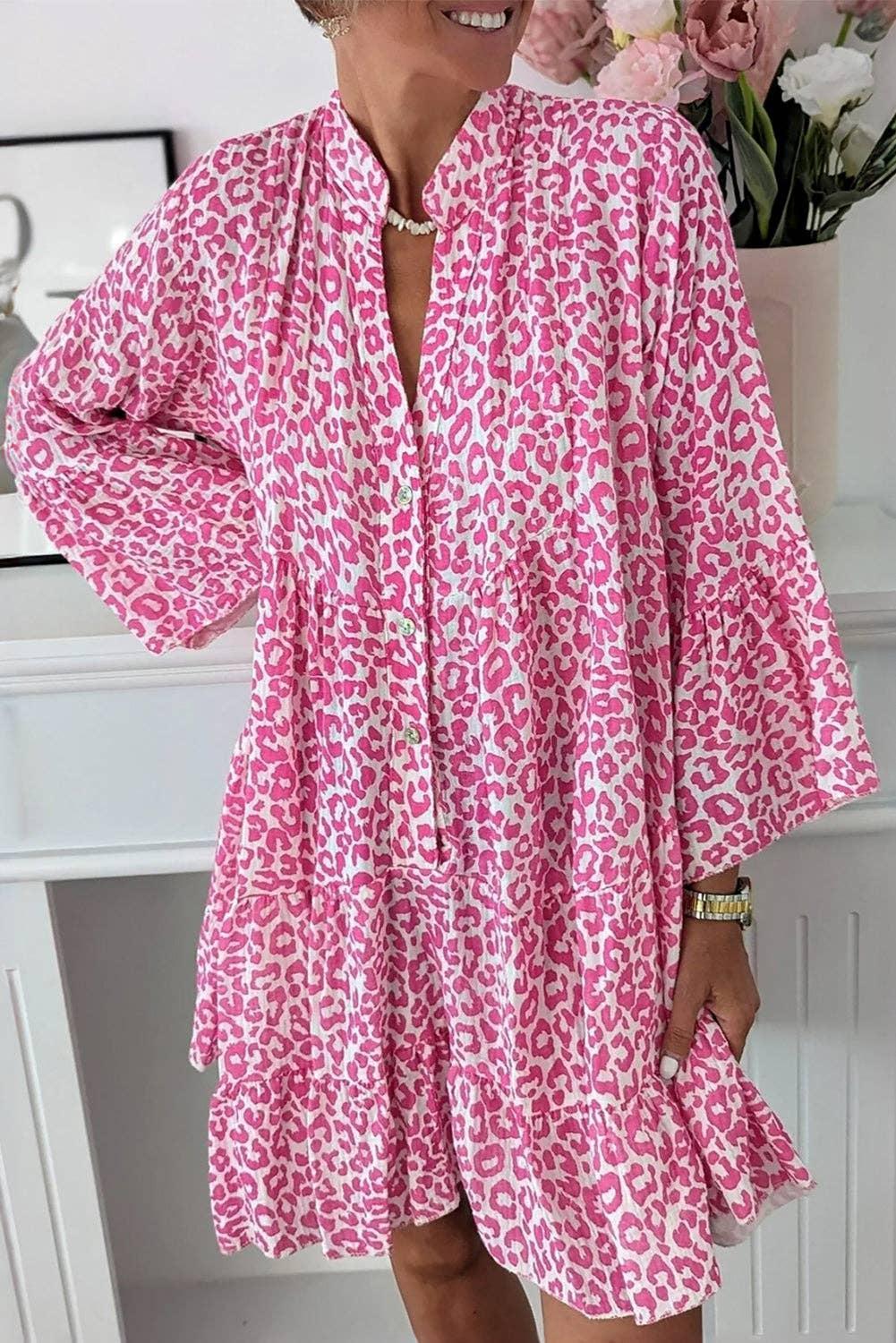 Leopard Long Sleeve Mini Dress: Bright Pink Product Image