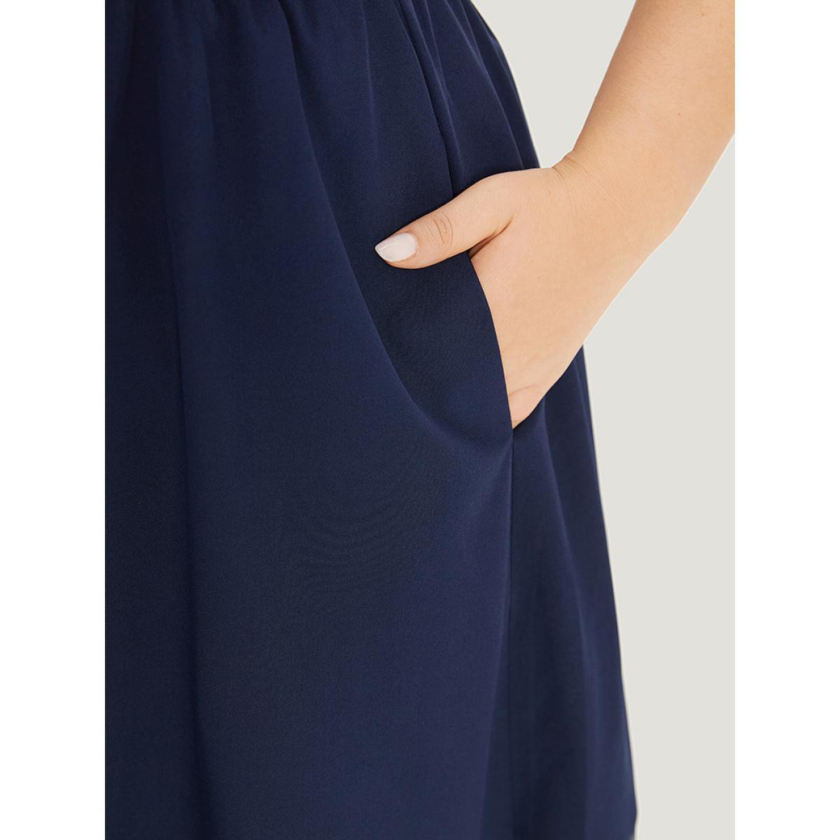 Plus Size Mesh Patchwork Pocket Elastic Waist Gathered Tank Dress DarkBlue Women Elegant Gathered Round Neck Sleeveless Curvy Knee Dress BloomChic 18-20/2X Product Image