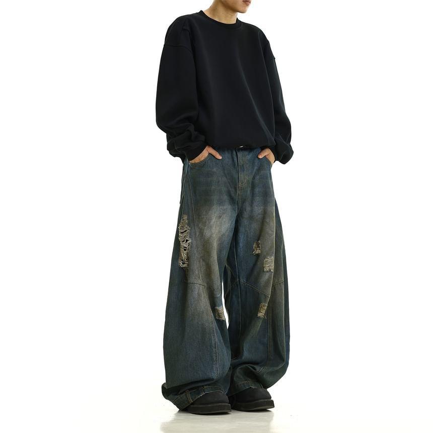 Mid Rise Washed Distressed Wide Leg Jeans Product Image