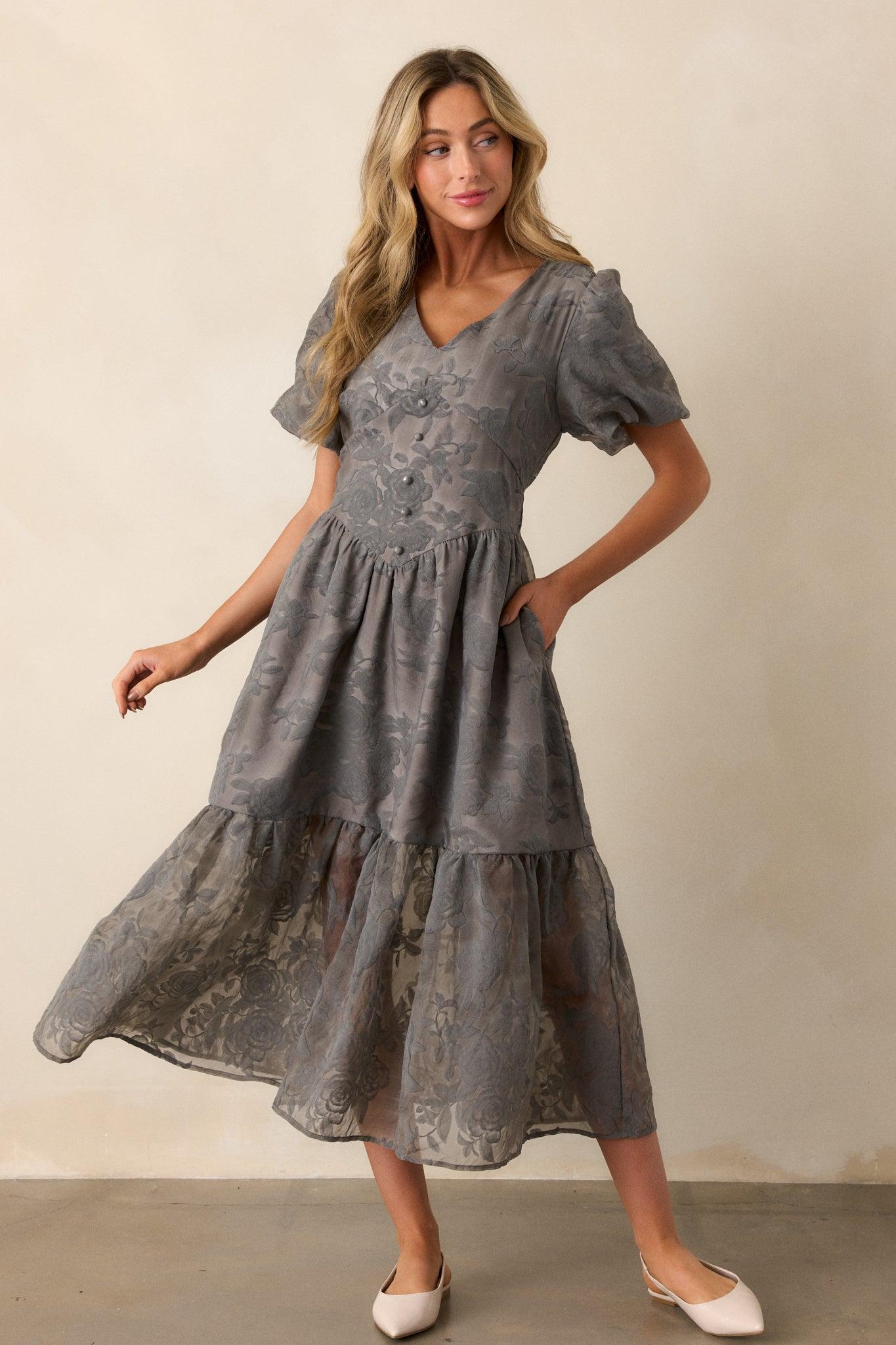 Faded Blossoms Grey Floral Puff Sleeve Midi Dress Product Image