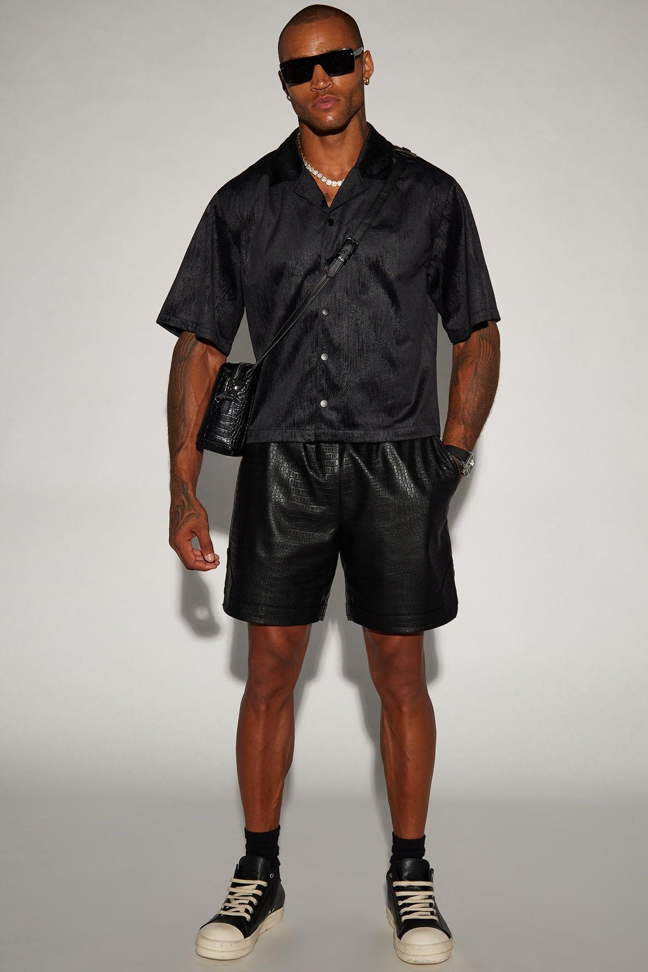 Patna Textured Faux Leather Cropped Button Up Shirt - Black Product Image