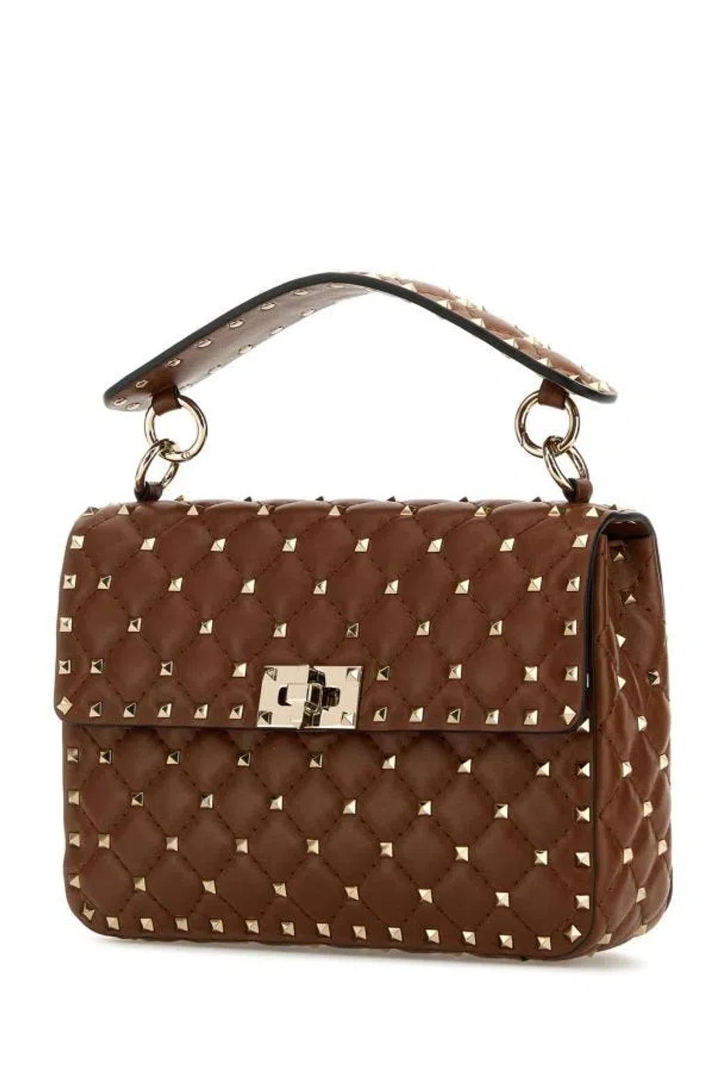 Brown Nappa Leather Medium Rockstud Spike Handbag Product Image