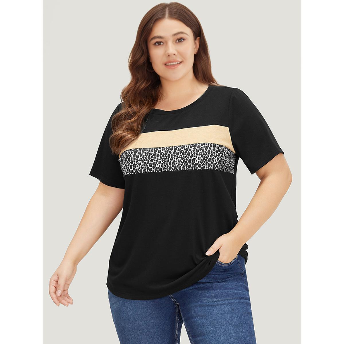 Plus Size Supersoft Essentials Leopard Colorblock Contrast Round Neck T-shirt Black Women Casual Leopard Round Neck Dailywear T-shirts BloomChic 30/6X Product Image
