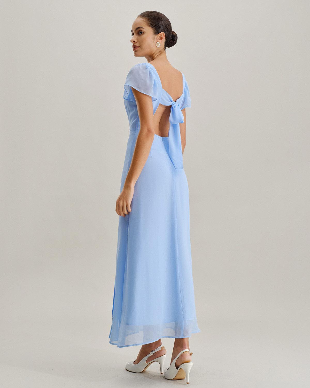 Blue Sweetheart Neck Chiffon Maxi Dress Product Image