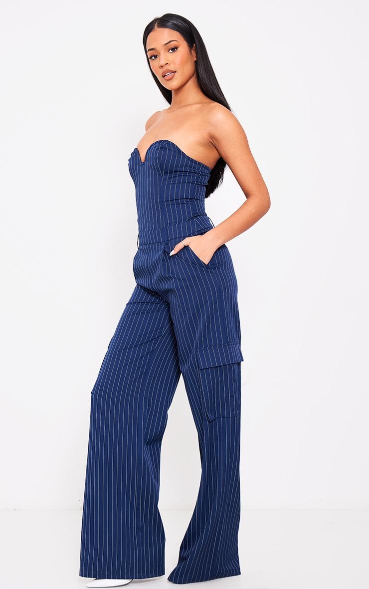 Tall Navy Pinstripe Bandeau Wide Leg Jumpsuit Product Image