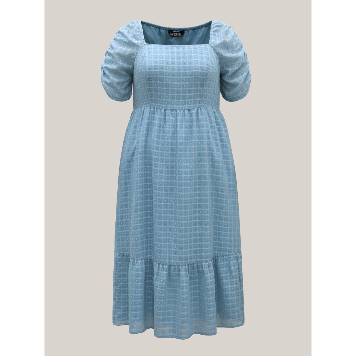 Plus Size Textured Ruched Sleeve Tiered Midi Dress Stone Women Square Neck Short sleeve Curvy BloomChic 10/M Product Image