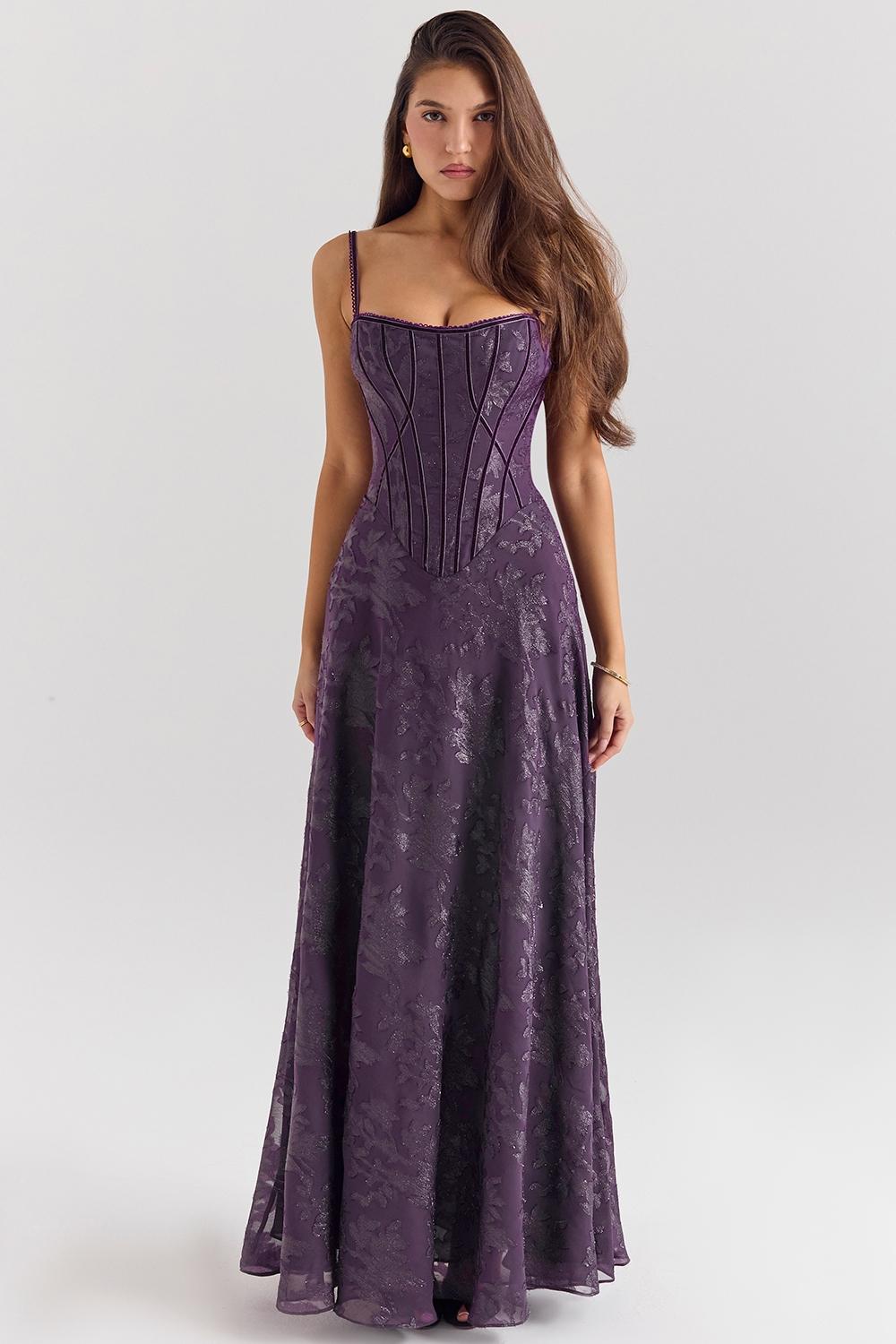 Esme Grape Lurex Chiffon Maxi Dress Product Image