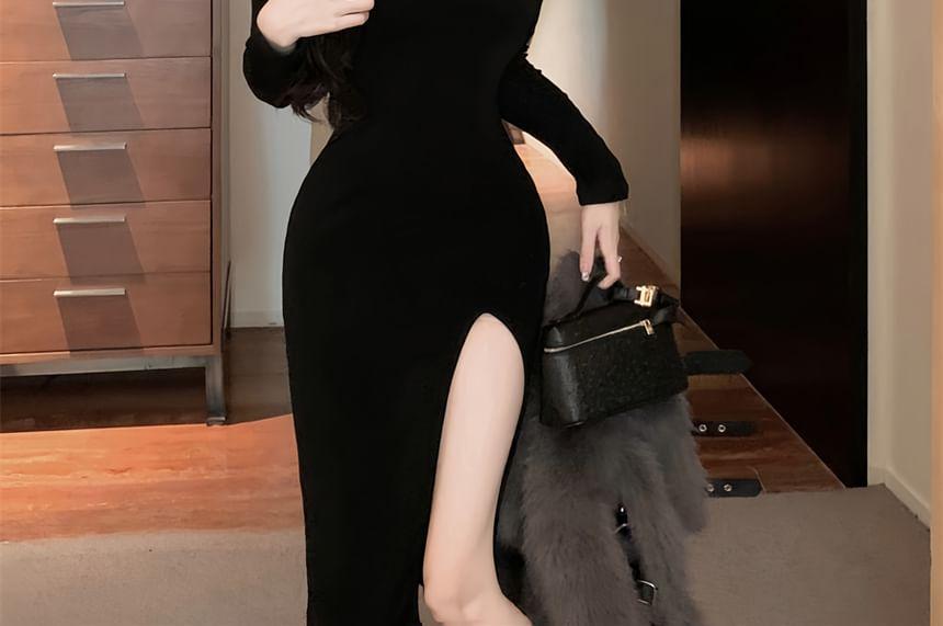 Fluffy Buckled Crop Jacket / Long-Sleeve Halter Neck Plain Slit Midi Bodycon Dress Product Image