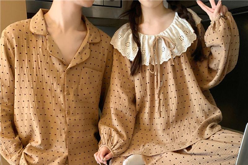 Couple Matching Dotted Pajama Shirt / Long-Sleeve Lace Trim Top / Pants / Set Product Image