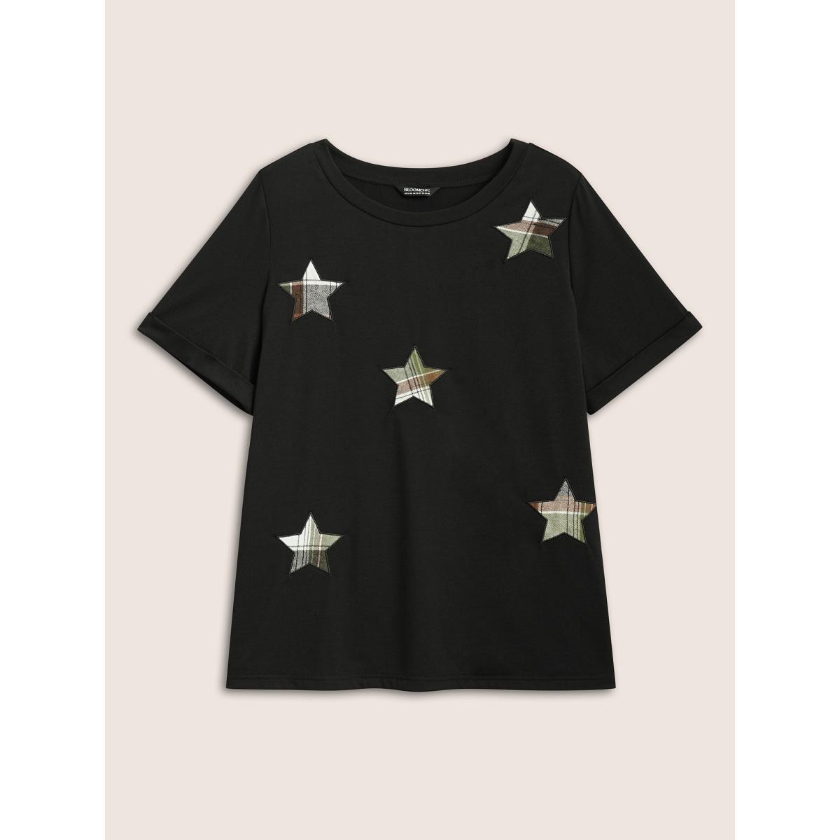 Plus Size Star Embroidered Patch Round Neck T-shirt Black Women Casual Contrast Star and moon Round Neck Everyday T-shirts BloomChic 18-20/2X Product Image