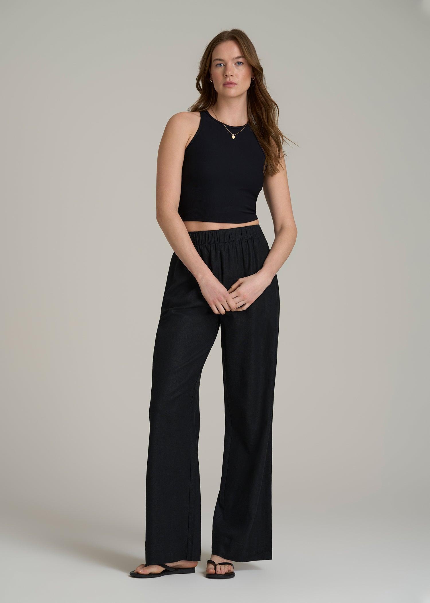 Pull On Wide Leg Linen Pants for Tall Women in Black Female Product Image