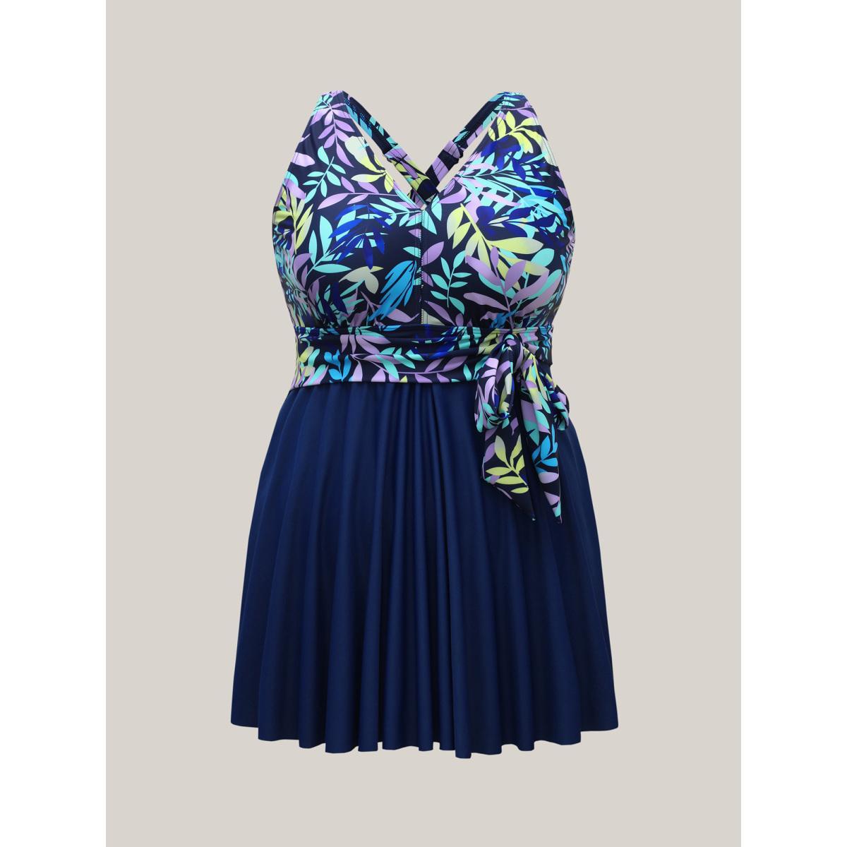 Plus Size Tropical Flowers Lace Tied Swim Dress Women's Swimwear Aegean Beach Bodycon V-neck High stretch Curve Swim Dresses BloomChic 14-16/1X Product Image