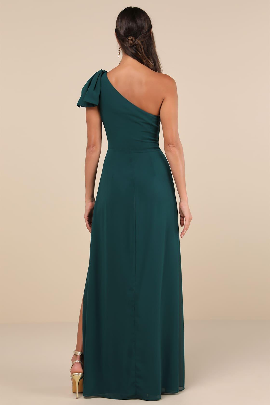 Simply Brilliant Emerald One-Shoulder Bow Maxi Dress Product Image
