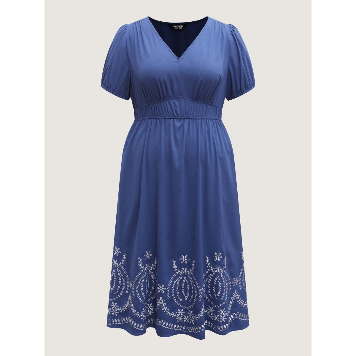 Plus Size Embroidered Hem Stretchy Waist Midi Dress Cerulean Women Non Short sleeve Curvy BloomChic 14-16/1X Product Image