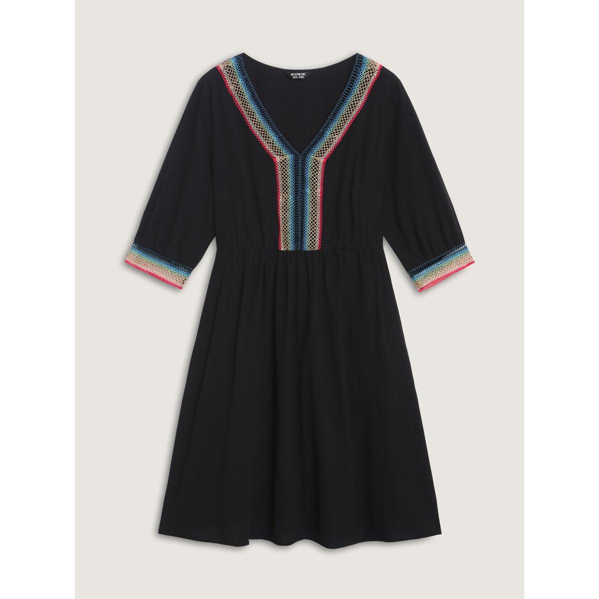 Plus Size Pure Cotton Colorful Lace Midi Dress Black Women V-neck Elbow-length sleeve Curvy BloomChic 10/M Product Image