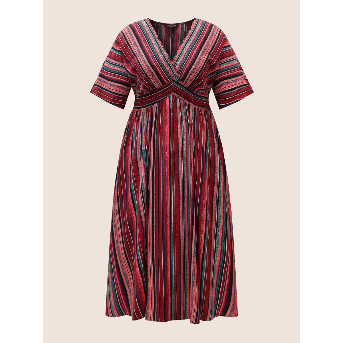 Plus Size Striped Contrast Dolman Sleeve Shirred Pocket Split Flutter Dress Rosered Women Resort Non V-neck Half Sleeve Curvy BloomChic 10/M Product Image