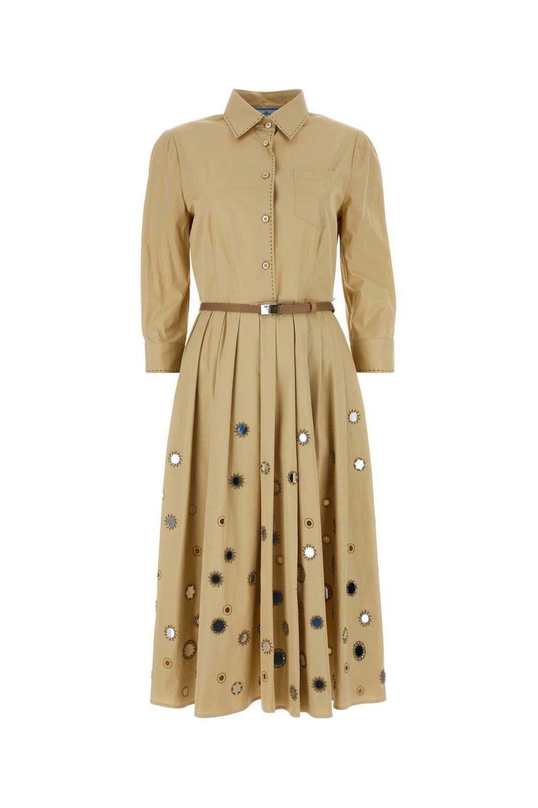 Long-sleeved Belted Dress In Beige Product Image