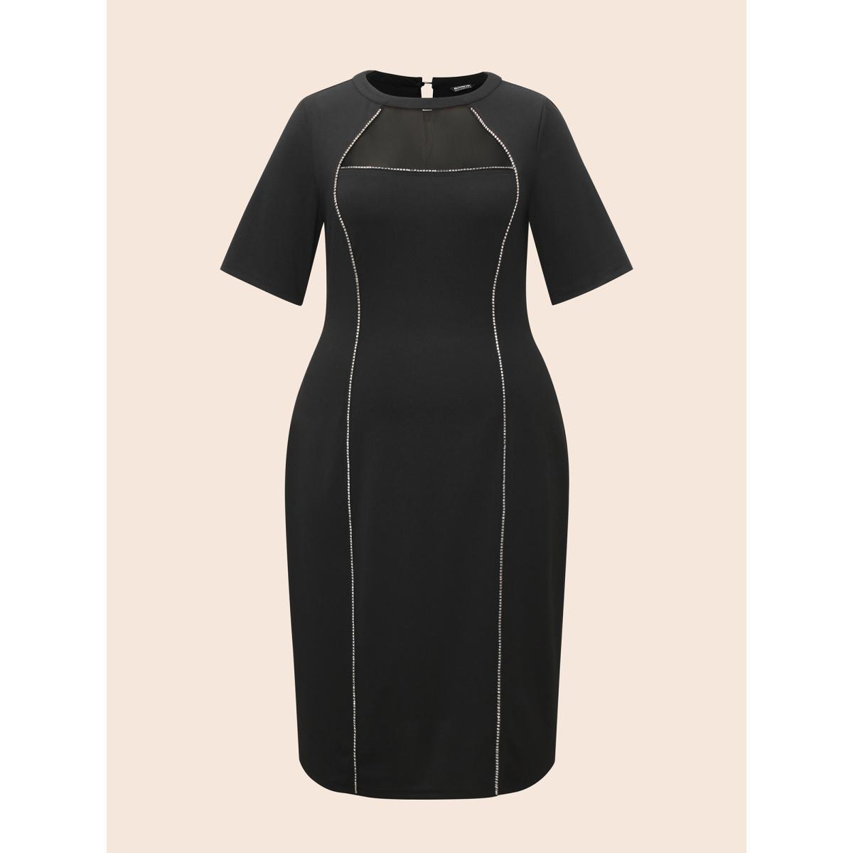 Plus Size Crew Neck Rhinestone Patchwork Mesh Dress Black Women Cocktail Rhinestone detailing Party Curvy Bloomchic 22-24/3X Product Image