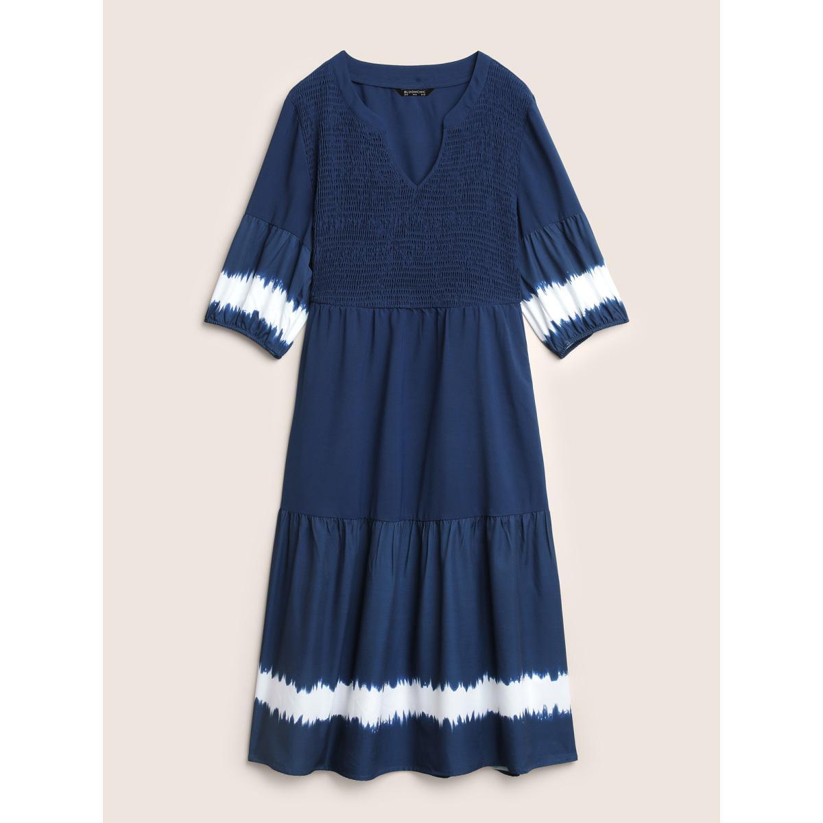 Plus Size Tie Dye Shirred Pocket Notched Dress DarkBlue Women Casual Non Notched collar Half Sleeve Curvy Midi Dress BloomChic 18-20/2X Product Image