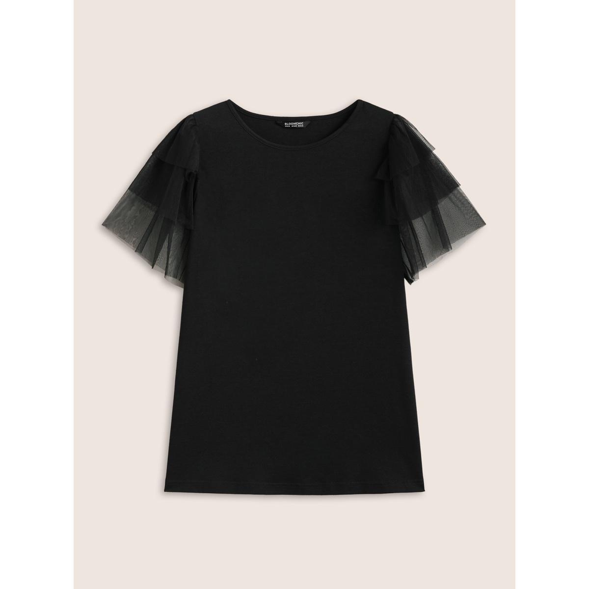 Plus Size Crew Neck Tiered Mesh Patchwork T-shirt Black Women Elegant See through Round Neck Everyday T-shirts BloomChic 12/L Product Image