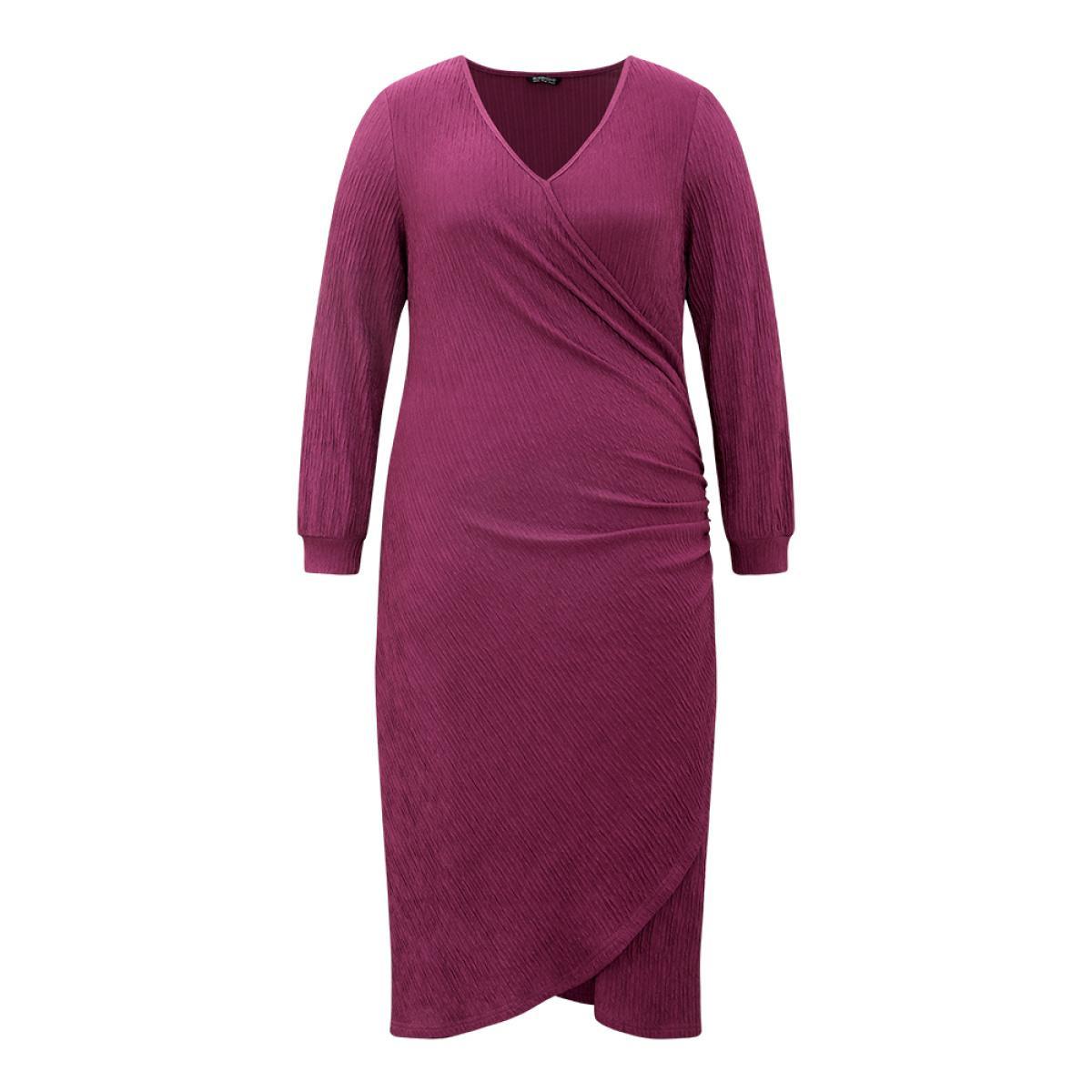 Plus Size Plain Rib Knit V Neck Wrap Pleated Dress Purple Women Party Texture V-neck Long Sleeve Curvy Midi Dress BloomChic 10/M Product Image