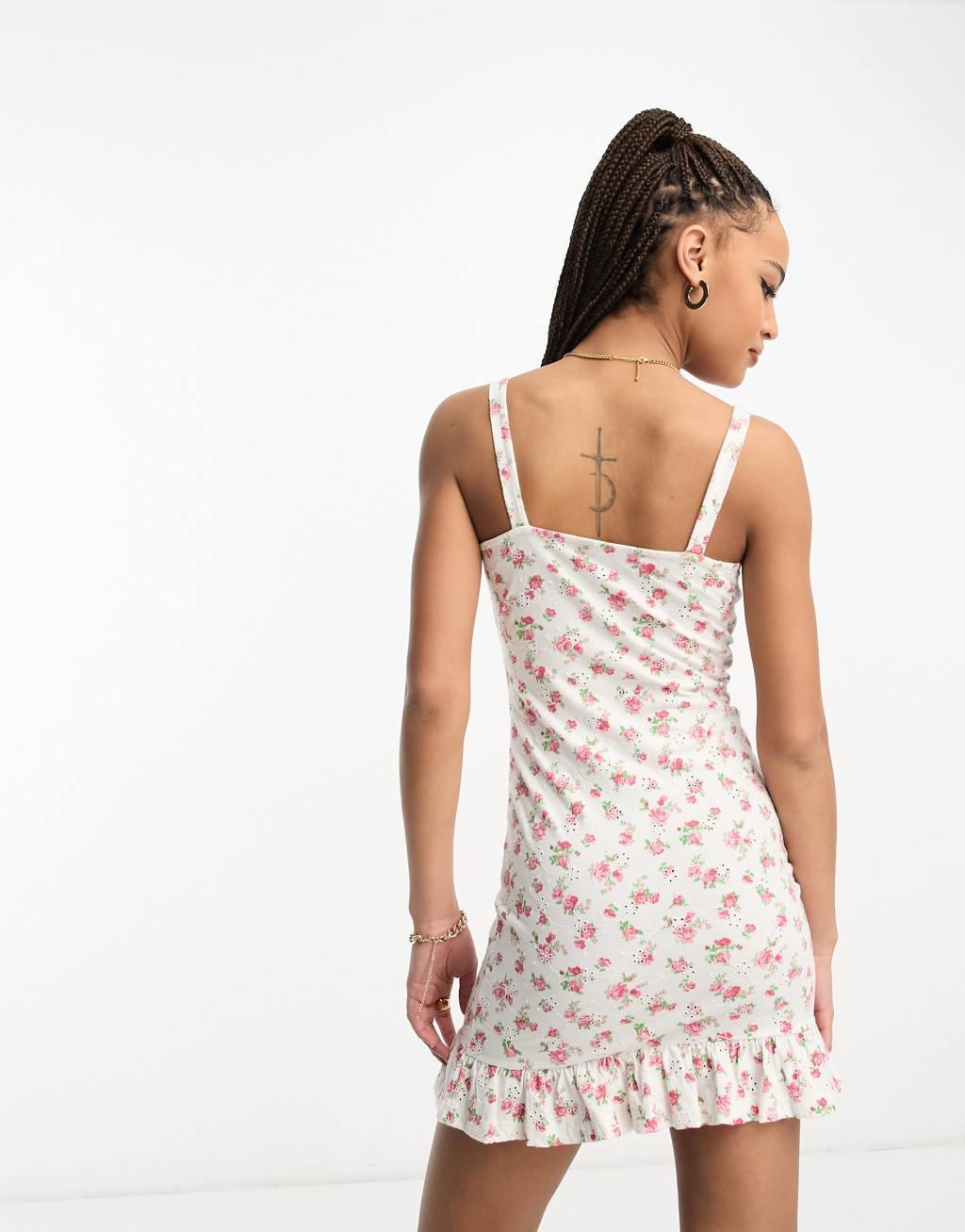 Miss Selfridge ditsy lace up eyelet cami mini dress Product Image