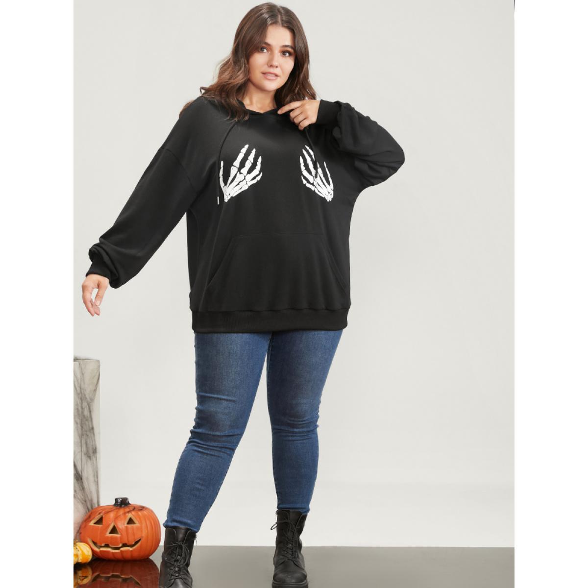 Plus Size Halloween Skeleton Hand Print Pocket Drawstring Hooded Sweatshirt Women Black Casual Pocket Loose Hooded Dailywear Sweatshirts BloomChic 28/5X Product Image