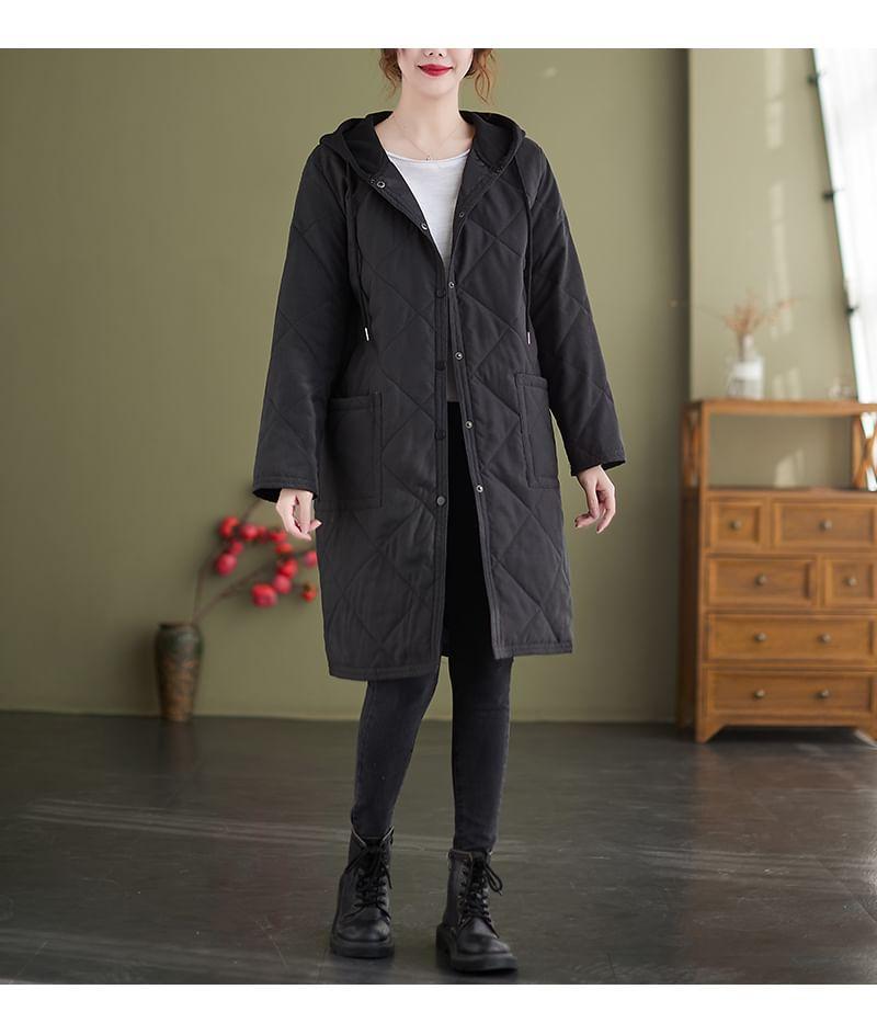 Plain Hooded Quilted Midi Single-Breasted Jacket Product Image