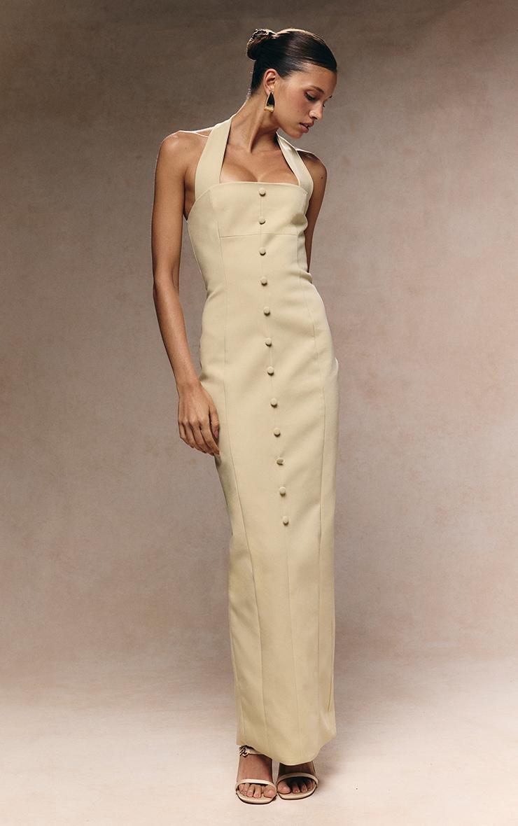 Almond Woven Halter Button Maxi Dress Product Image