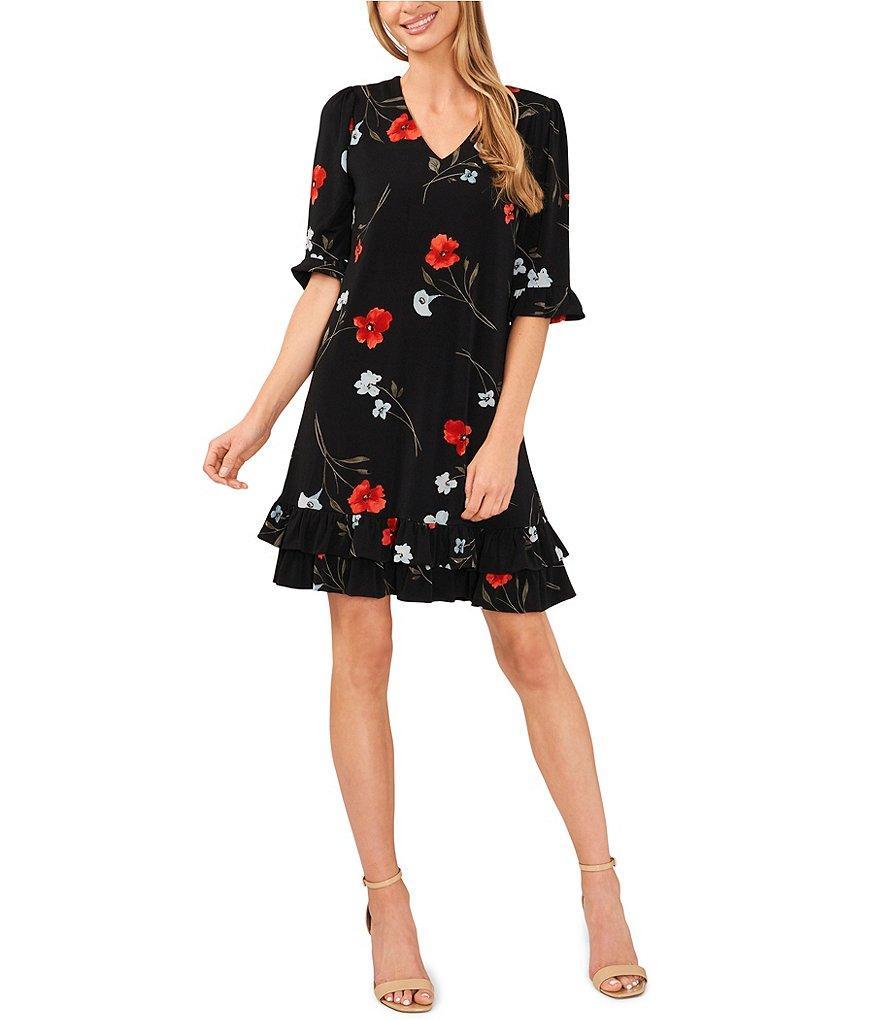 CeCe Crepe Knit Floral Print V-Neck Short Sleeve Ruffle A-Line Dress Product Image