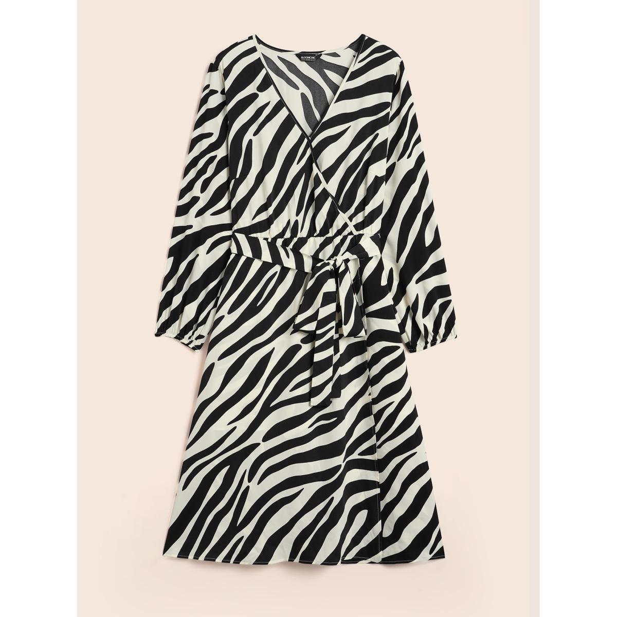 Plus Size Zebra Print Overlap Collar Split Hem Dress Black Women At the Office Belted Overlap Collar Long Sleeve Curvy BloomChic 28/5X Product Image