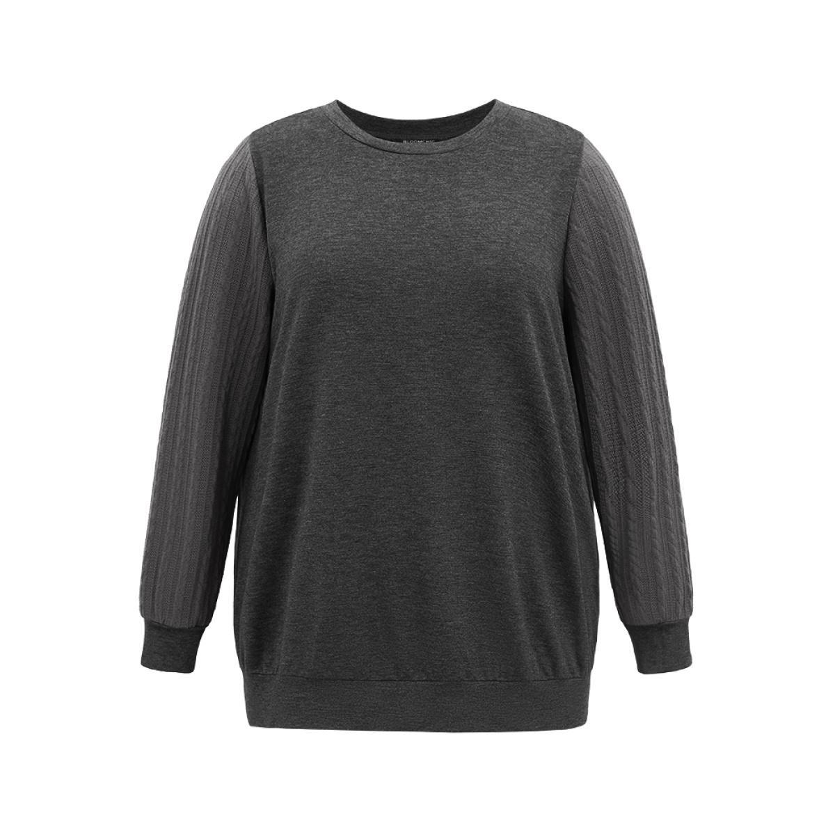 Plus Size Solid Cable Knit Crew Neck Sweatshirt Women Gray Elegant Texture Round Neck Dailywear Sweatshirts BloomChic 12/L Product Image