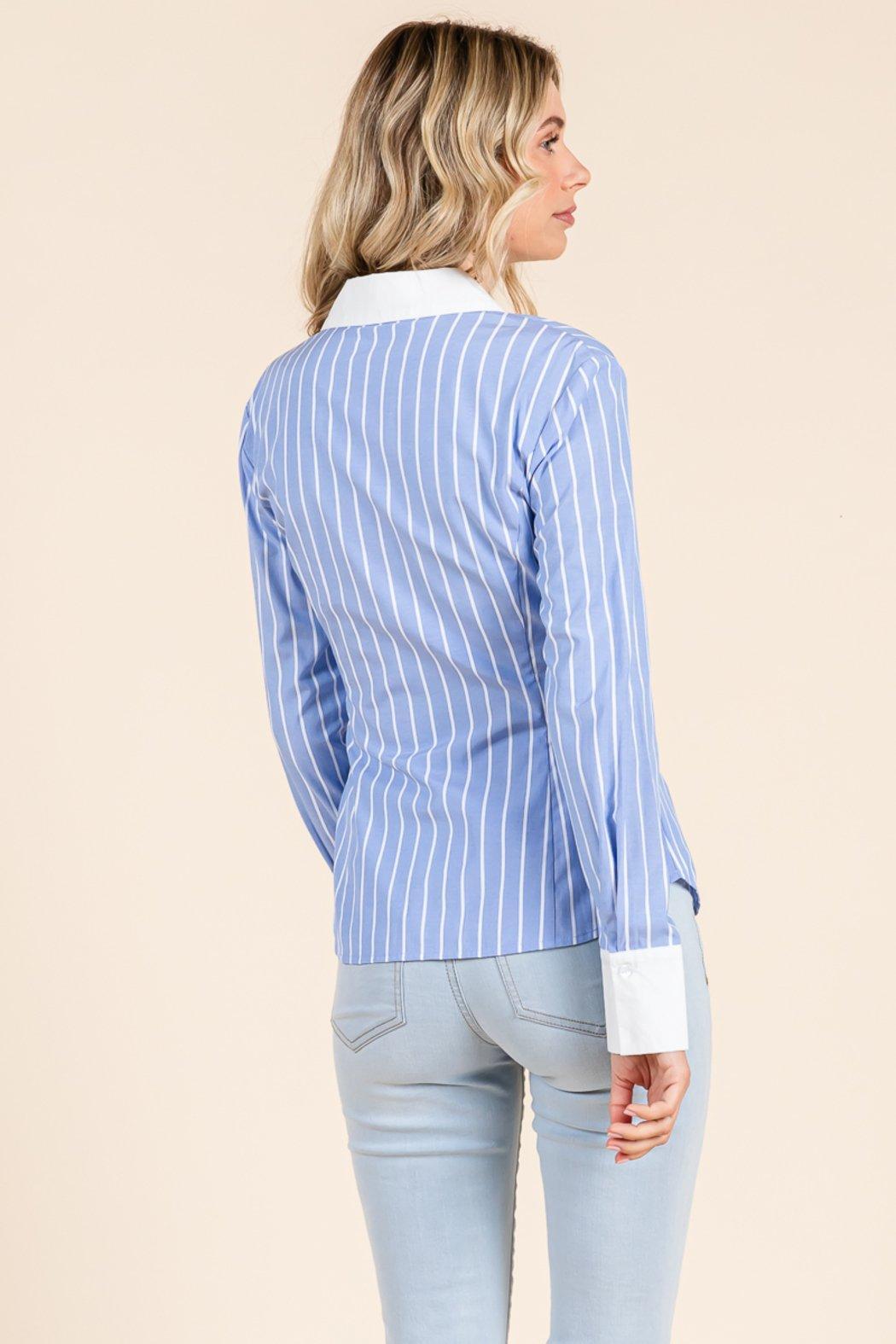 Stripe Button Down Blouse With Contrast Collar Product Image