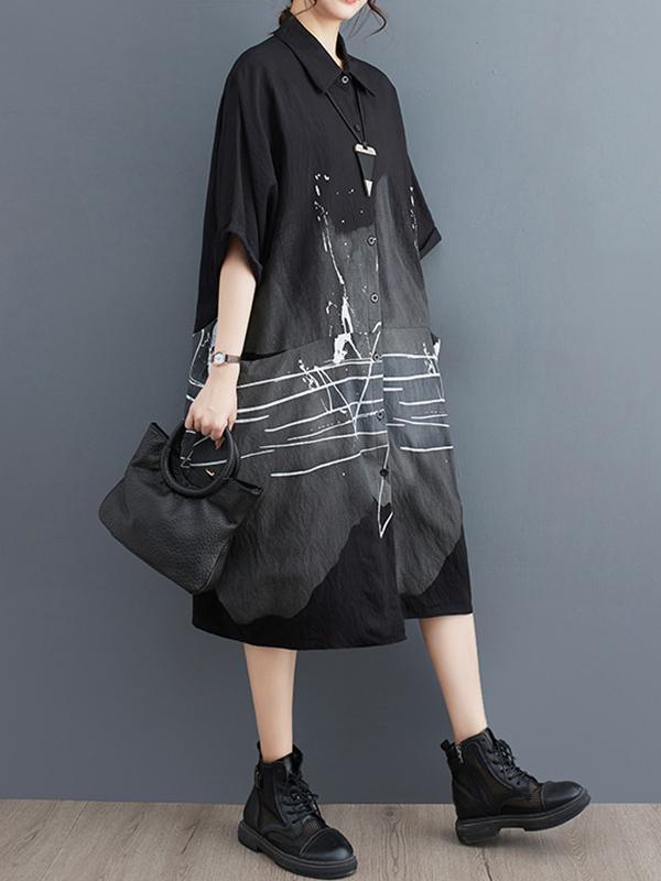 Half Sleeves Loose Printed Lapel Midi Dresses Product Image