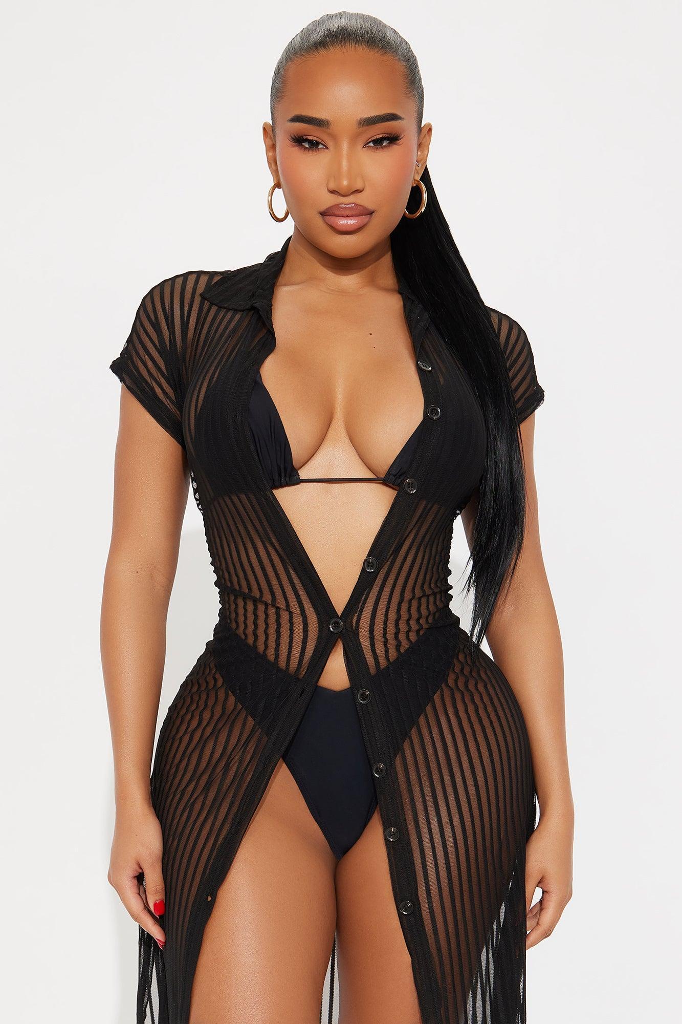 Palm Shade Stripe Midi Button Up Cover Up - Black Product Image