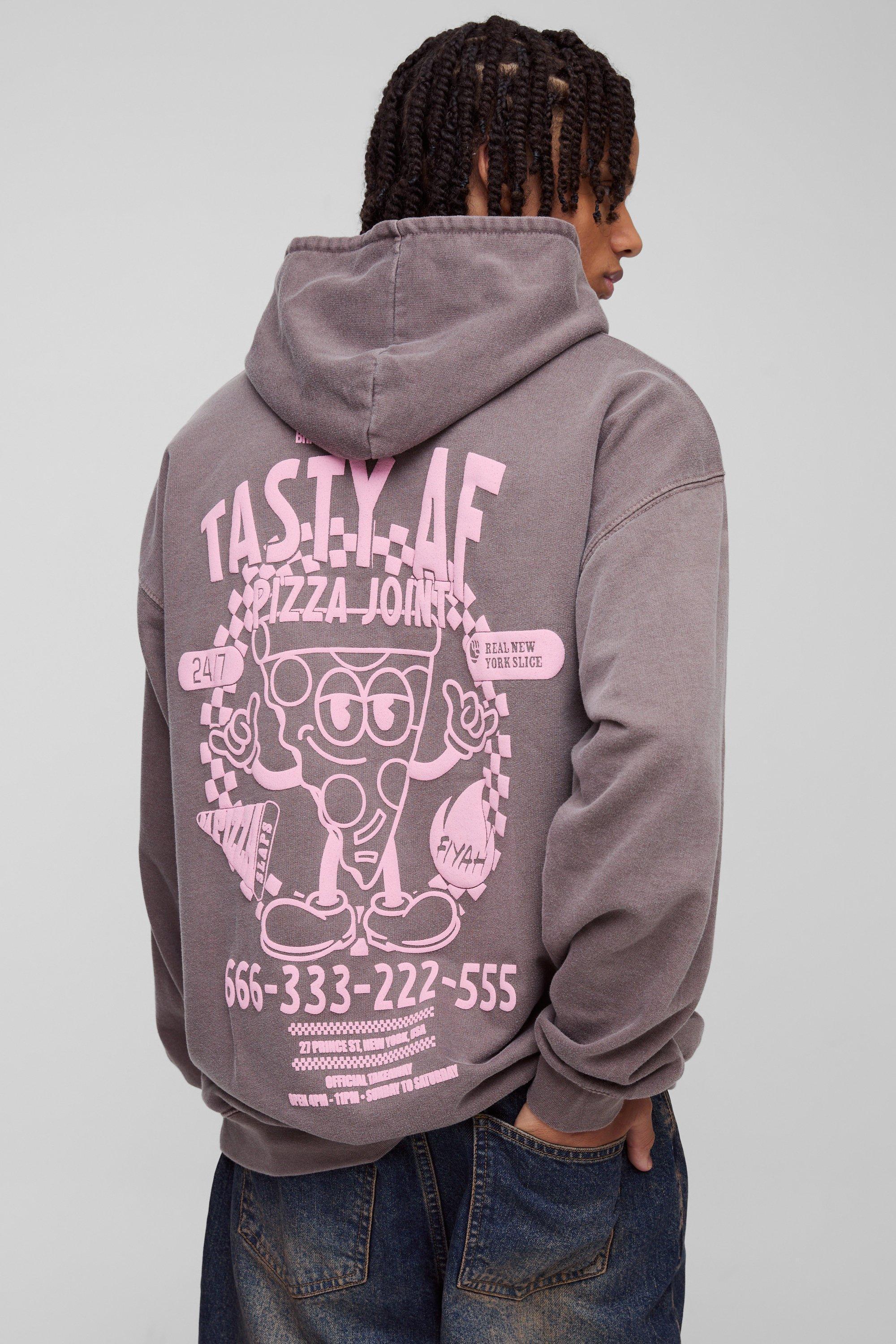 Oversized Tasty AF Cartoon Graphic Washed Hoodie | boohooMAN USA Product Image