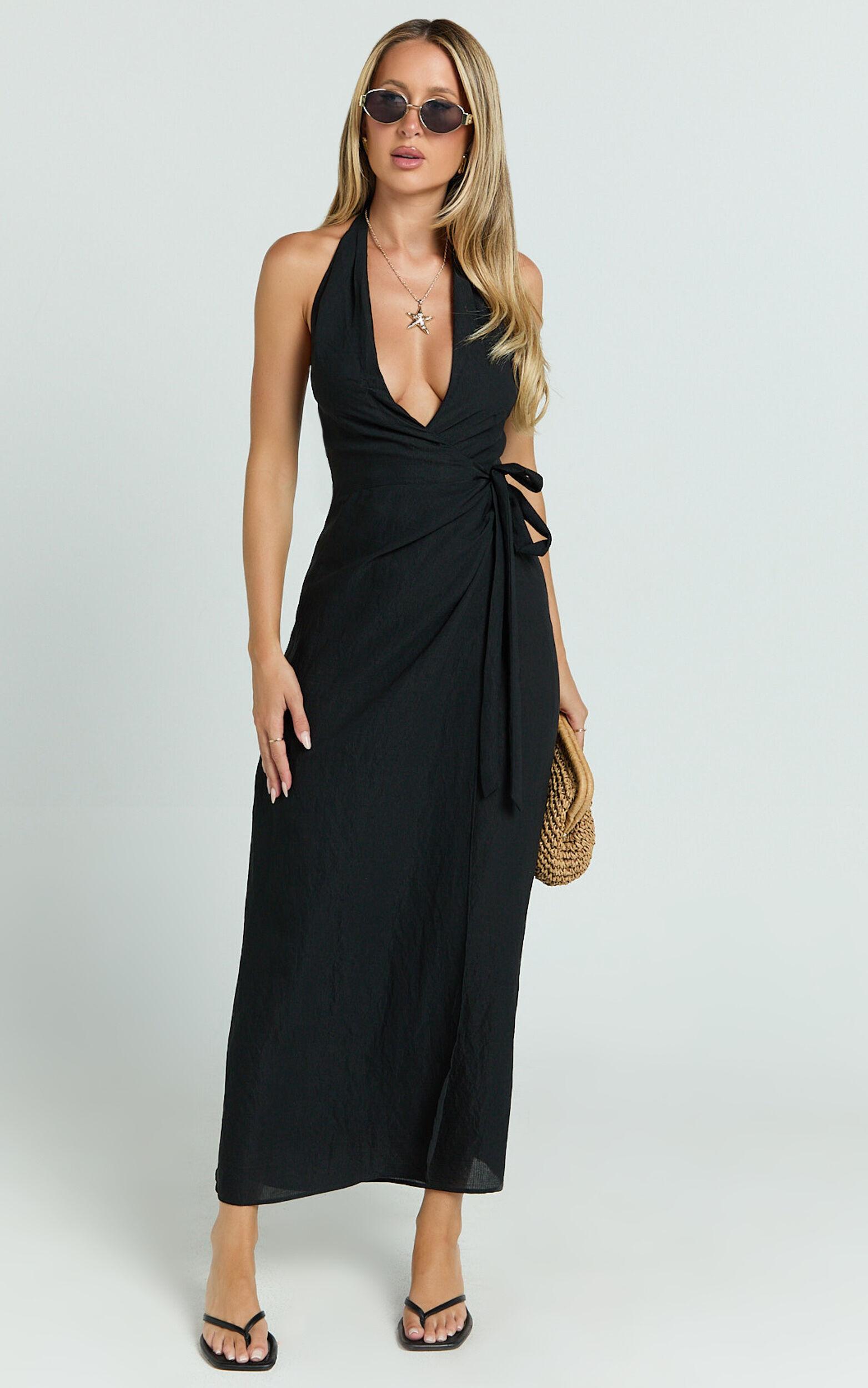 Robbie Midi Dress - Plunge Halter Midi Wrap Dress in Black Product Image