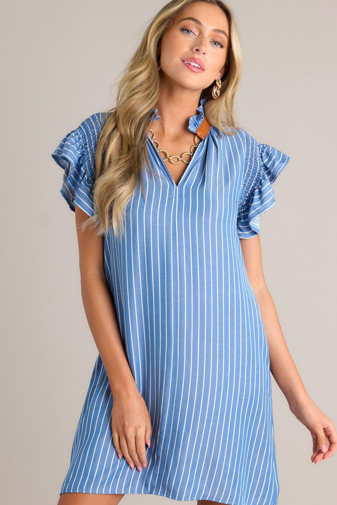 The Small Things Blue Stripe Flutter Sleeve Mini Dress Product Image