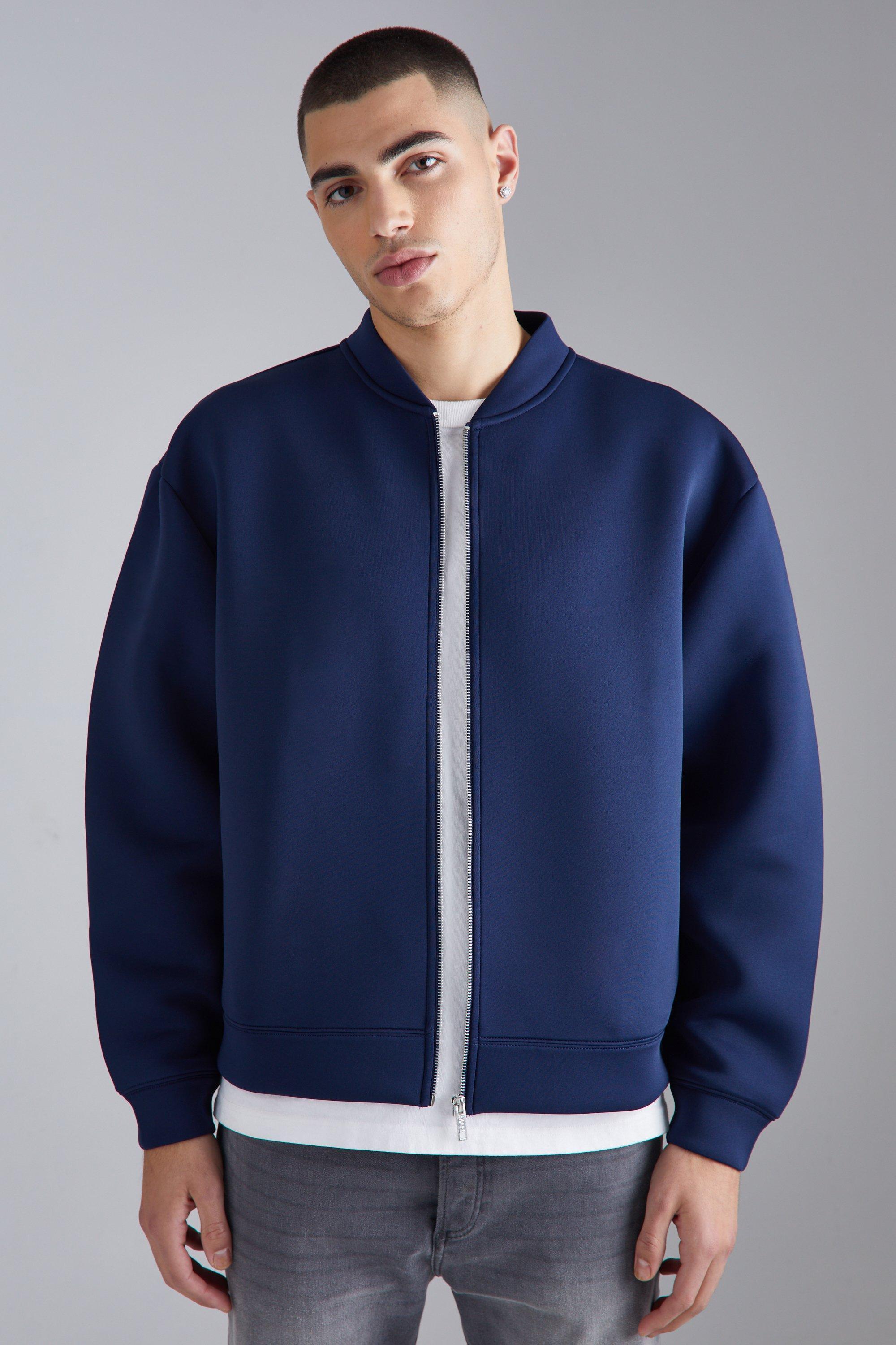 Mens Navy Oversized Boxy Bonded Scuba Bomber Jacket, Navy Product Image