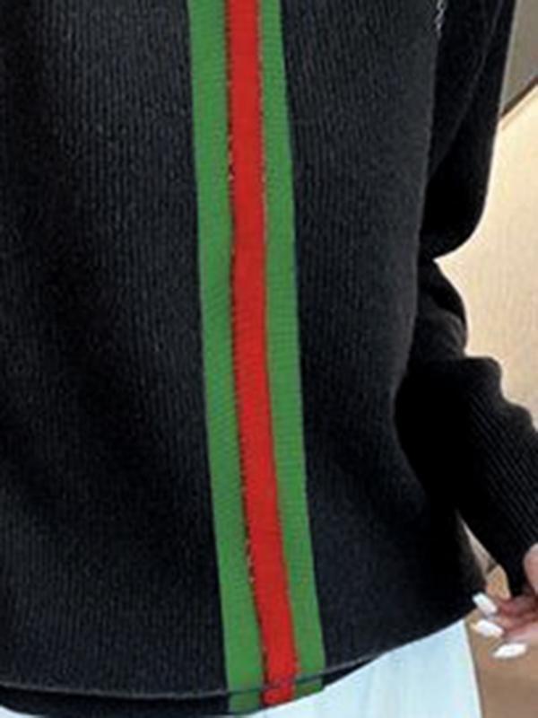 Long Sleeves Loose Split-Joint Striped High Neck Sweater Tops Product Image