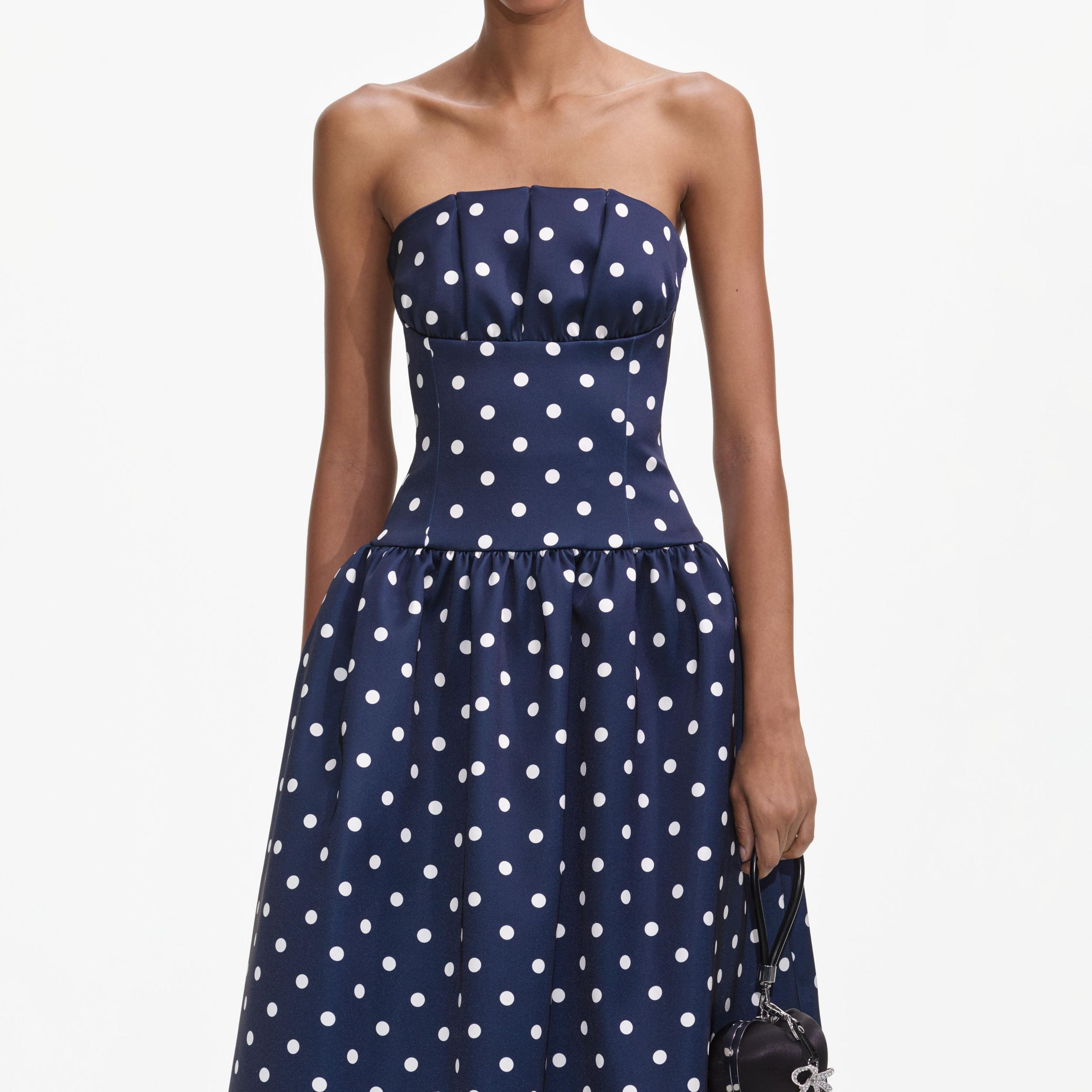 Navy Polka Dot Satin Midi Dress Product Image