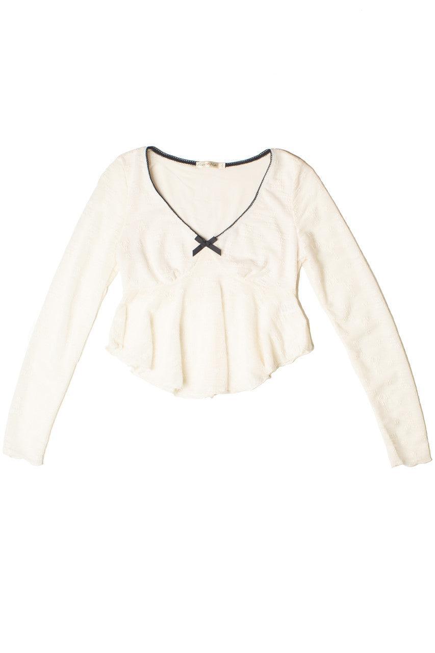 Curved Hem Lace Long Sleeve Bow Top Product Image