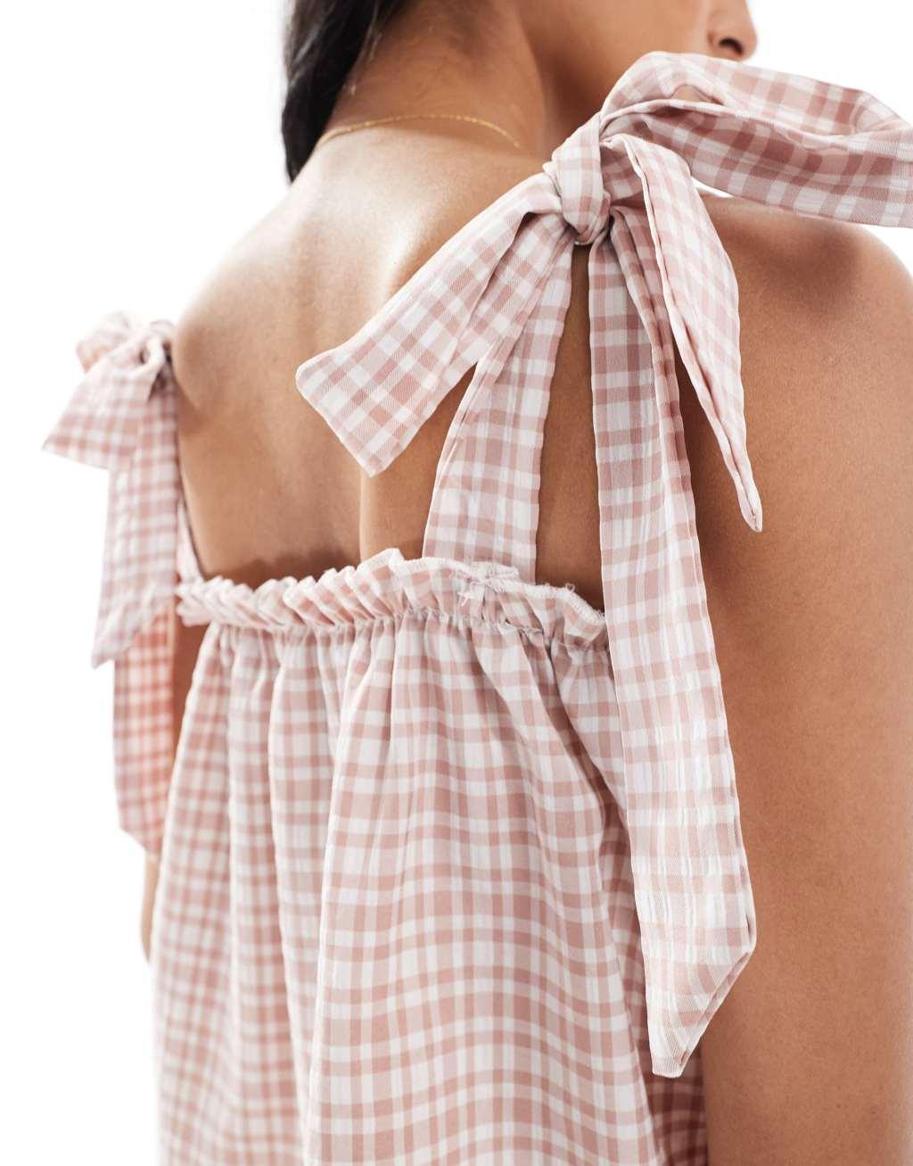 Miss Selfridge tie shoulder gingham top Product Image