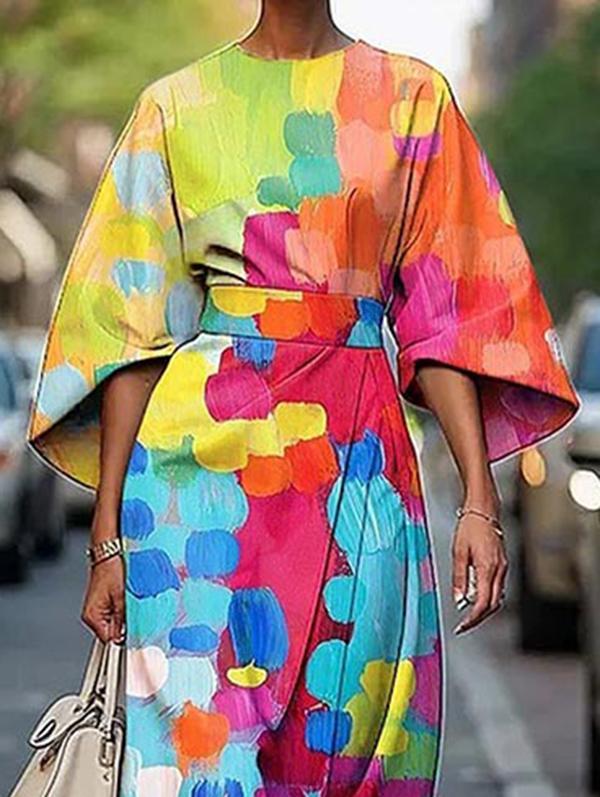 Loose Asymmetric Split-Joint Tied Waist Round-Neck Midi Dresses Product Image