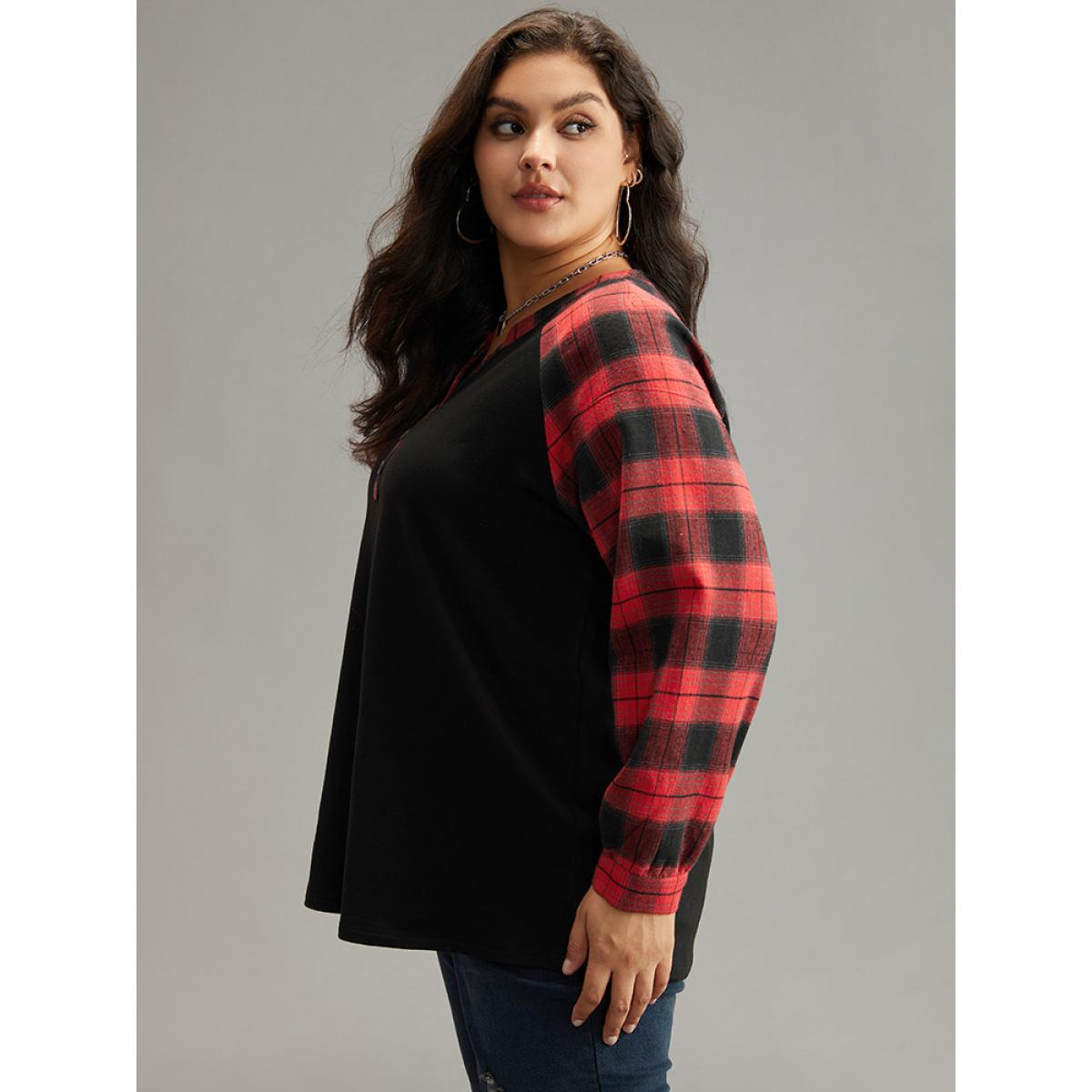 Plus Size Plaid Patchwork Notched Button Detail Sweatshirt Women Red Casual Patchwork Notched collar Everyday Sweatshirts BloomChic 26/4X Product Image