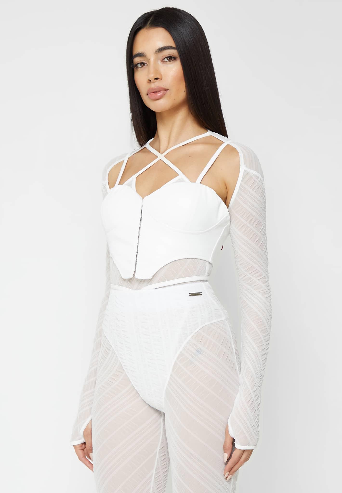 Sheer Bodysuit with Vegan Leather Corset - White / White / WMN3163-02 Product Image