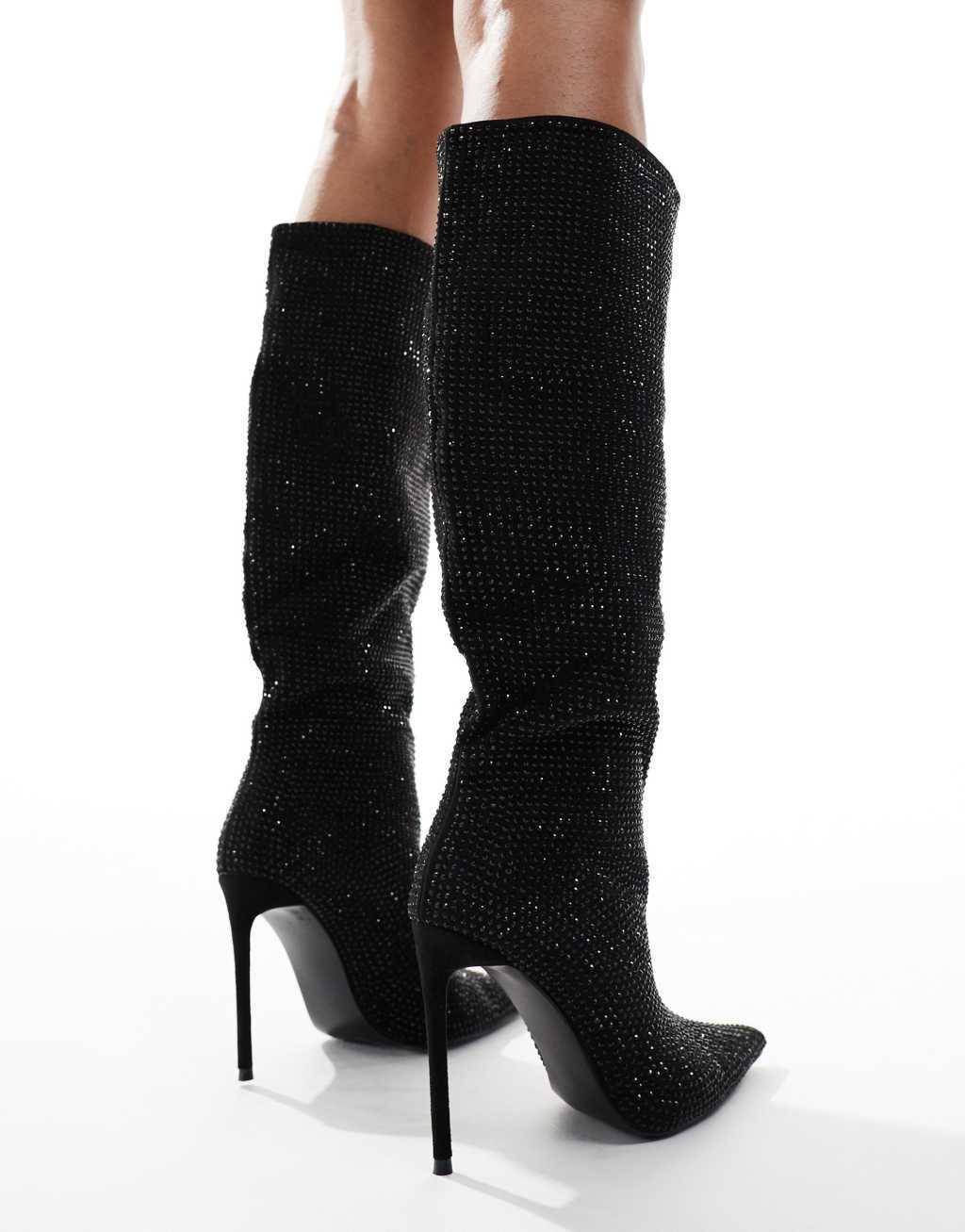 Public Desire Lothario Diamante embellished stiletto pointed knee boots black Product Image