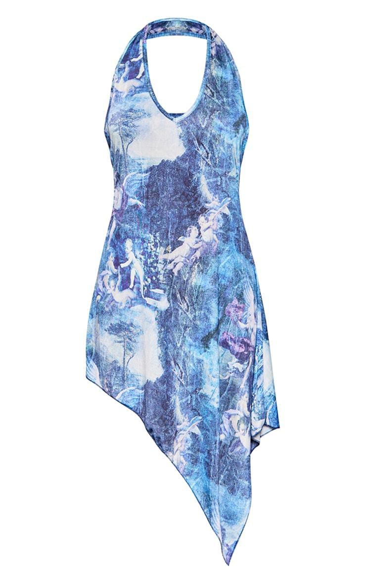 Blue Printed Slinky Halterneck Asymmetric Hem Shift Dress Product Image