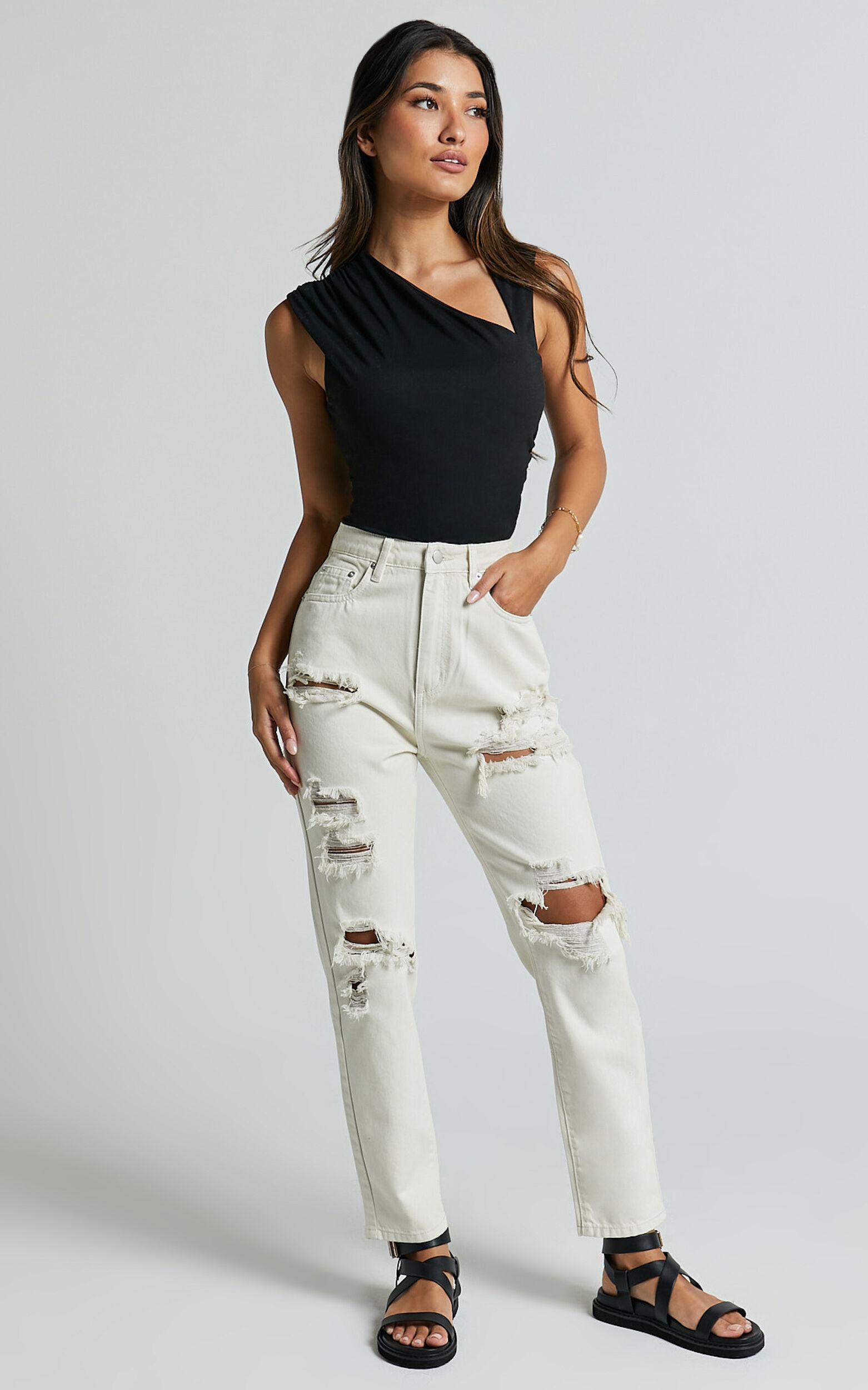 Billie Jeans - High Waisted Cotton Distressed Mom Denim Jeans in Ecru Product Image